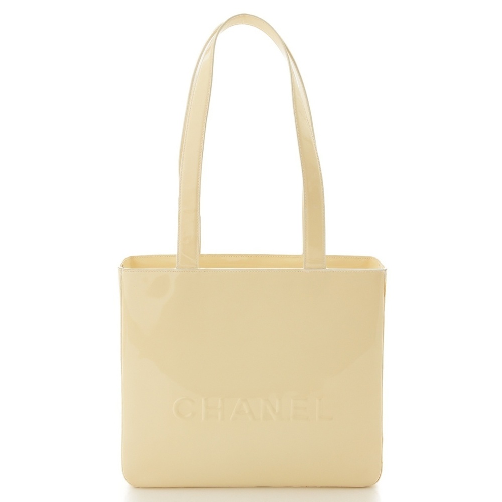 Chanel Patent Bag Enamel Tote Logo White